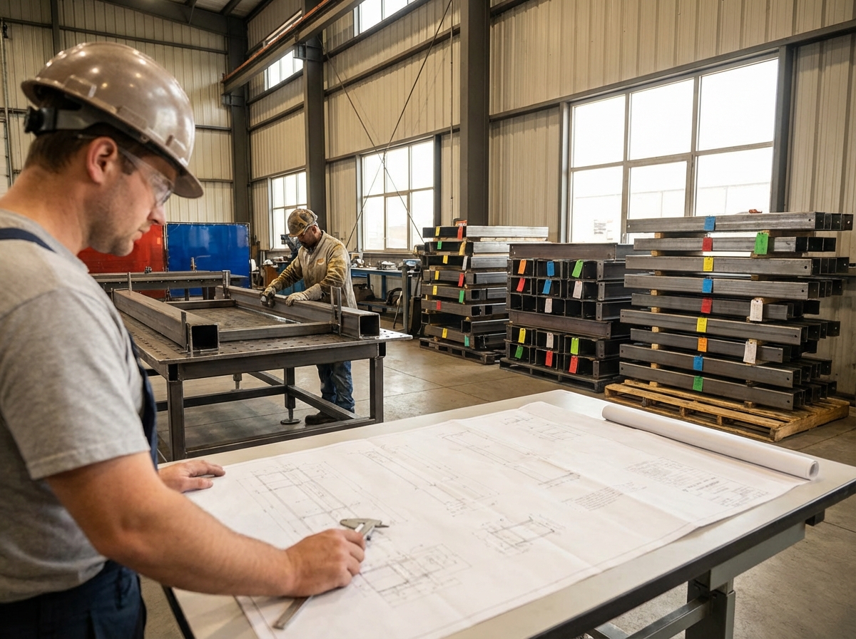 Инженер согласует чертежи и проект в производственном цехе